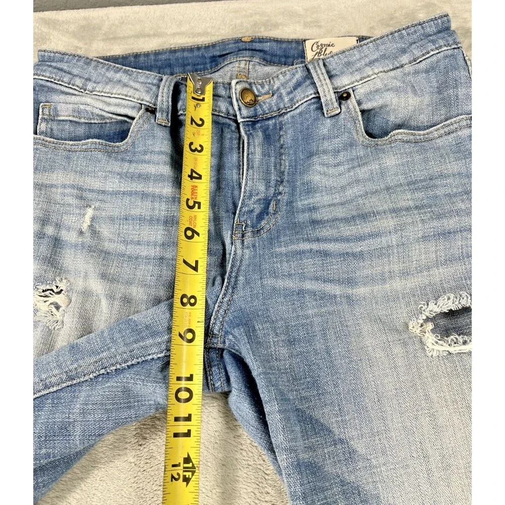 Cosmic Blue Love Distressed Jeans Womens 30x28 Midrise Ripped Slim Straight 30